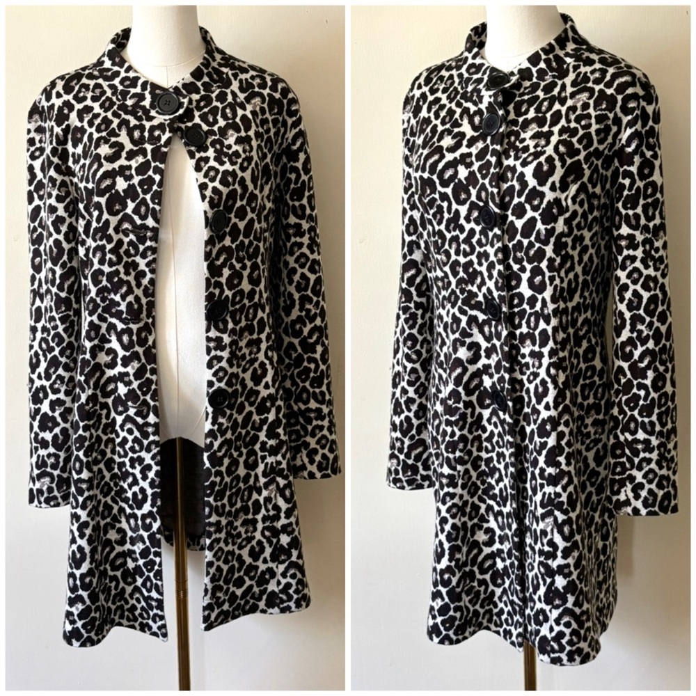 Vintage‎ Long Line Black & White Stretch Leopard Animal Print Canadian Made Coat